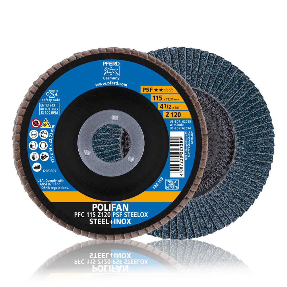 Disco Polifan Flap PFERD 115mm Grão 120 PSF Steelox - ART. 67769115 - Caixa com 10