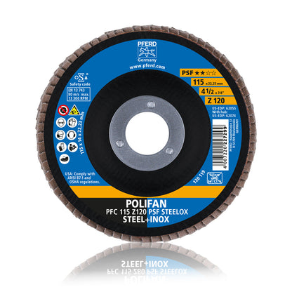 Disco Polifan Flap PFERD 115mm Grão 120 PSF Steelox - ART. 67769115 - Caixa com 10